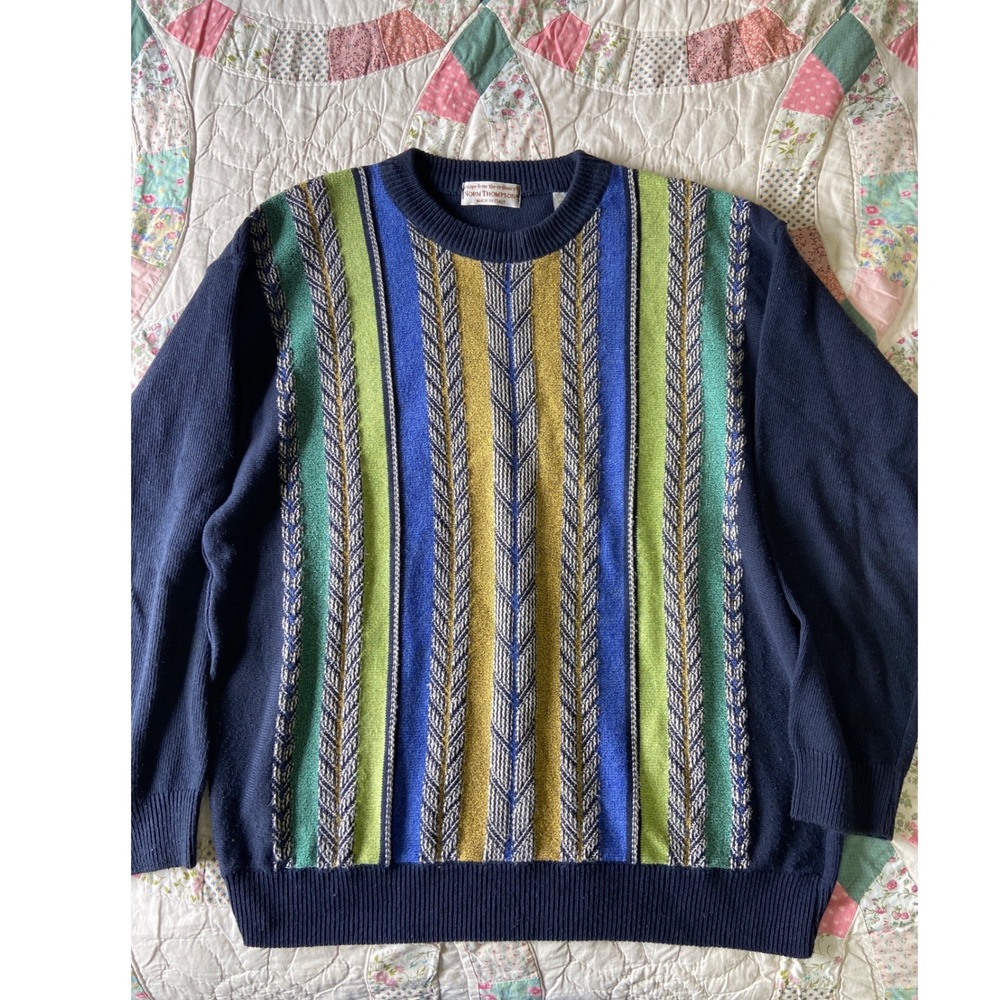 Norm Thompson Vintage Made in Italy Striped Crewneck Sweater Navy Blue Multi L